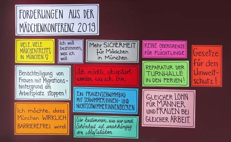 Forderungen aus der Mädchenkonferenz 2019. Auf diesem sind die zentralen Anliegen der Mädchen wie z.B. "Ich will bestimmen, was ich will!" ausformuliert.