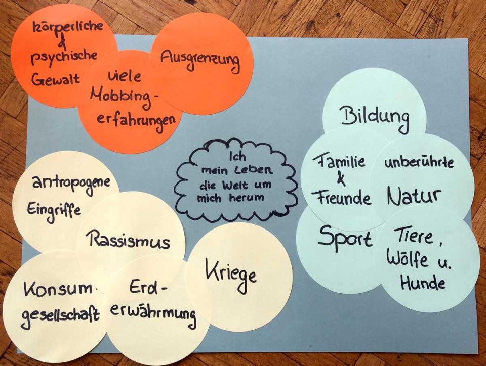 Arbeitsmaterial aus dem Seminar; Begriffe auf Kreisen benennen Positives und Negatives aus: mein Leben und die Welt um mich herum.