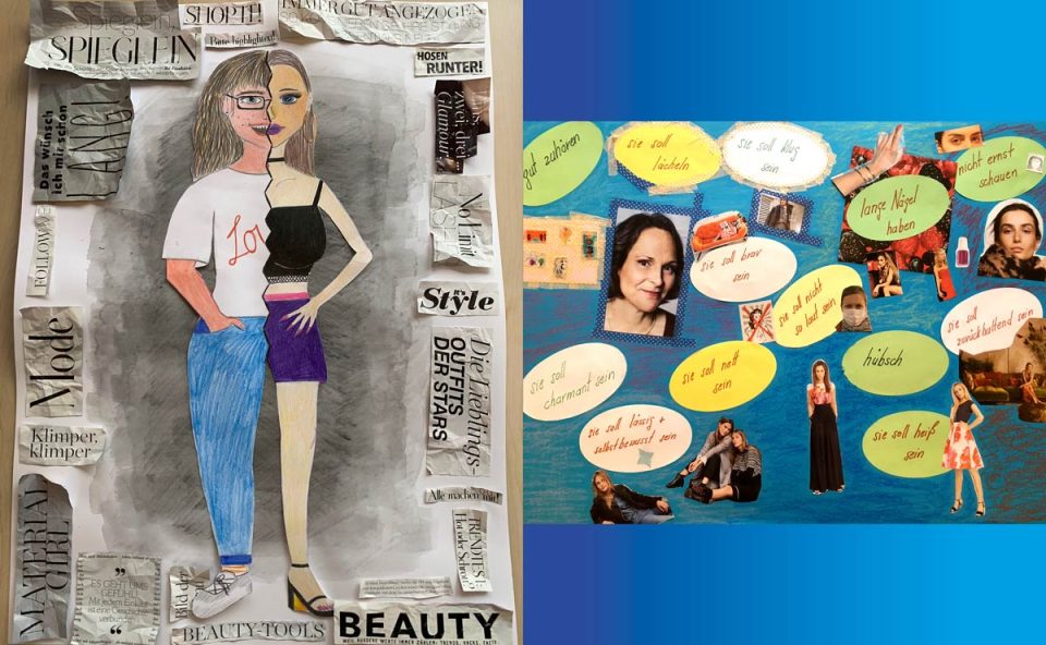 Collagen aus dem Seminar, zu Frauenbildern und Aussagen zu Rollenerwartungen in Zeitschriften: Sie spiegeln die Zerrissenheit zwischen dem eigenen Körperbild und den Normen der Mode- und Beauty-Industrie wider.