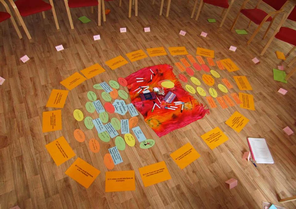 Stuhlkreis in einem Seminarraum mit vielen selbstgeschriebenen, zu einem Spiel ausgelegten Kärtchen.