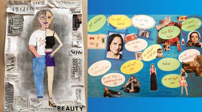 Collagen aus Frauenbildern in Zeitschriften hinterfragen Schönheitsideale und Körpernormen.