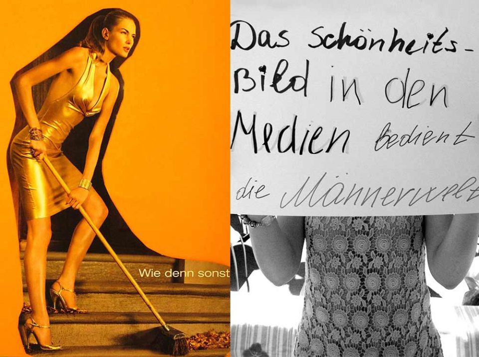 Collage zu Schönheitsidealen in den Medien, darin ein Schild mit der Aufschrift: "Das Schönheitsbild in den Medien bedient die Männerwelt".